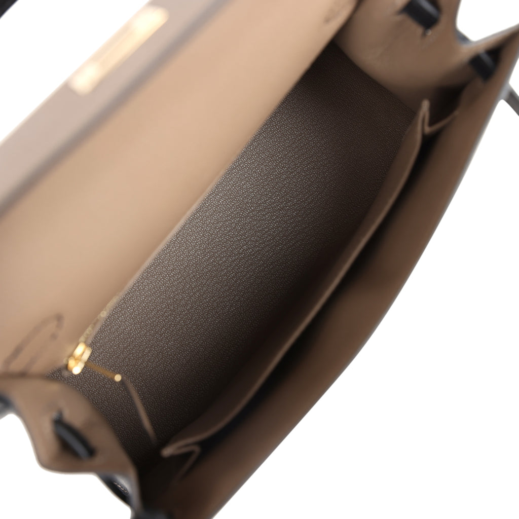 Hermes Special Order (HSS) Kelly Sellier 25 Black and Etoupe Chevre Mysore Permabrass Hardware - Image 9