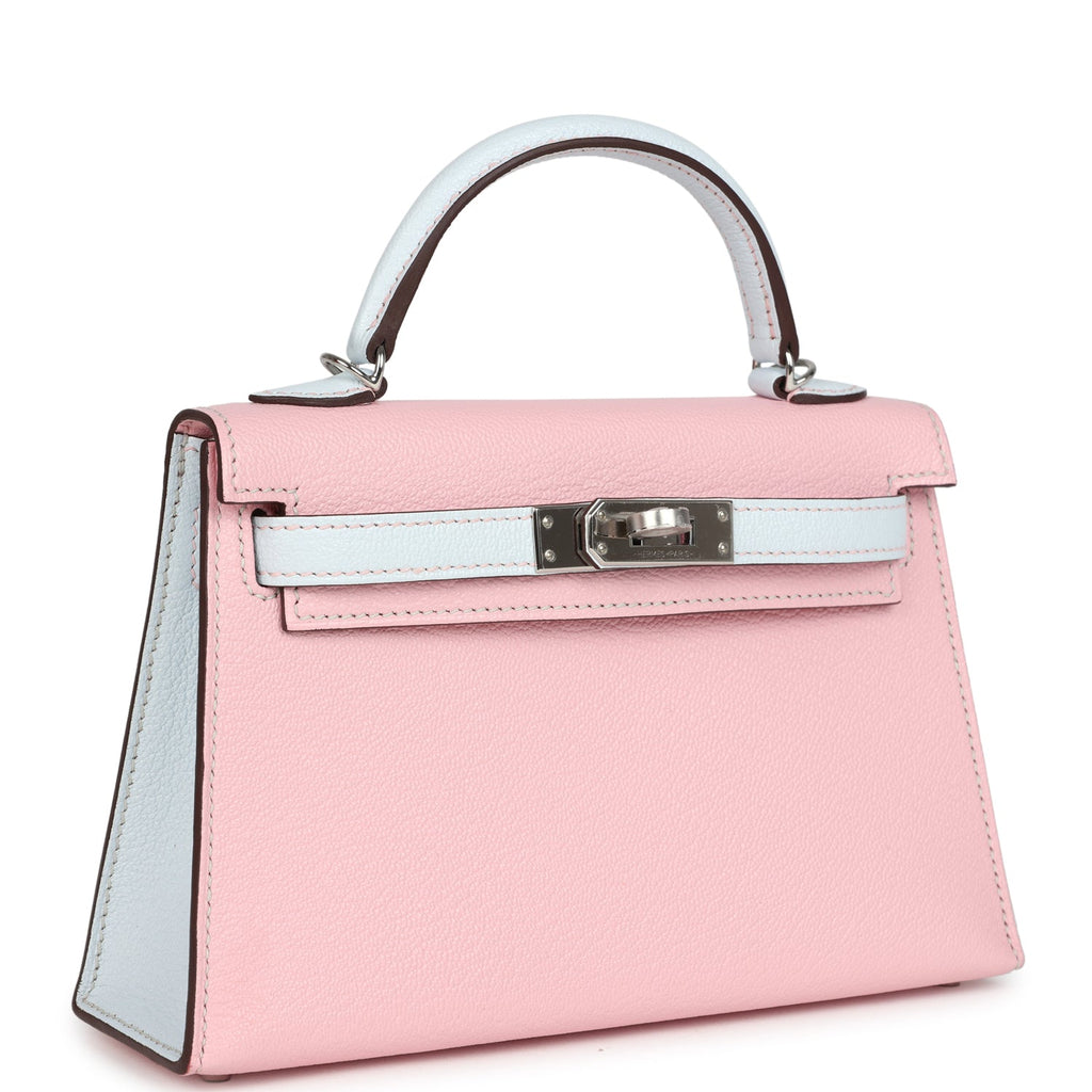 Hermes Special Order (HSS) Kelly Sellier 20 Rose Sakura and Bleu Brume Chevre Palladium Hardware - Image 3