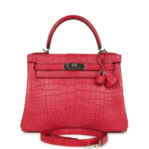 Pre-owned Hermes Kelly Retourne 28 Rose Extreme Matte Alligator Palladium Hardware