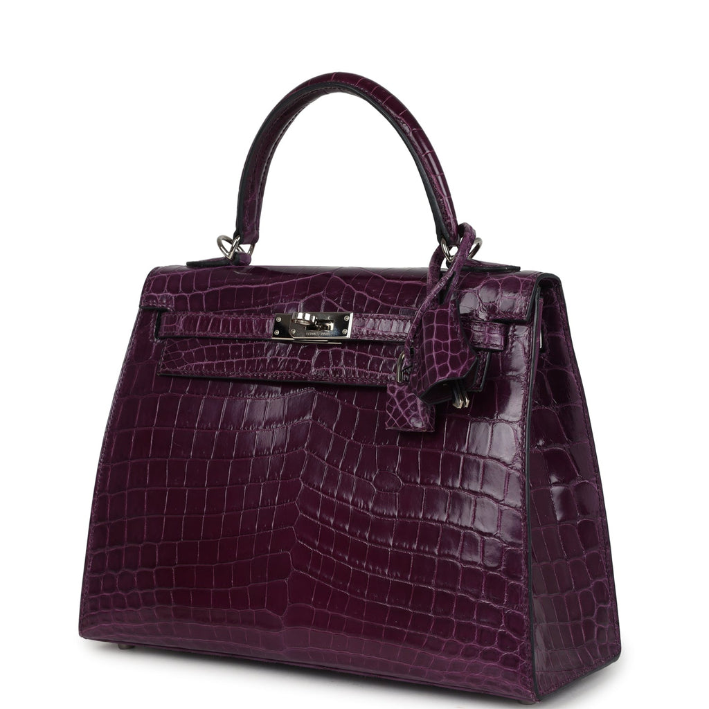Pre-owned Hermes Kelly Sellier 25 Amethyst Shiny Niloticus Crocodile Palladium Hardware - Image 6