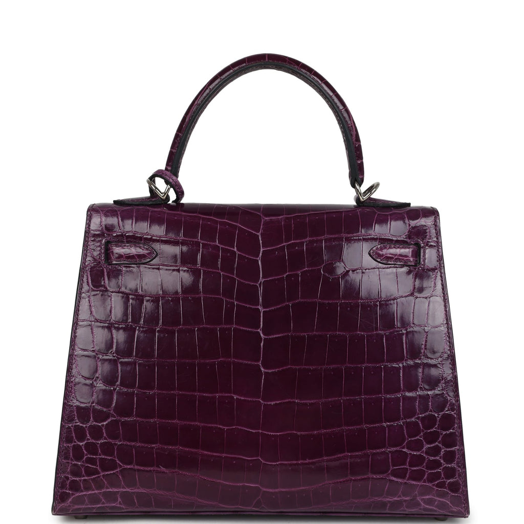 Pre-owned Hermes Kelly Sellier 25 Amethyst Shiny Niloticus Crocodile Palladium Hardware - Image 5