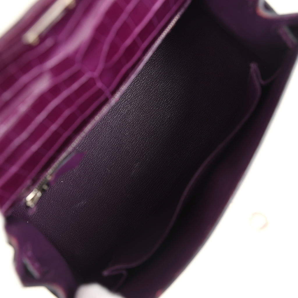 Pre-owned Hermes Kelly Sellier 25 Amethyst Shiny Niloticus Crocodile Palladium Hardware - Image 9