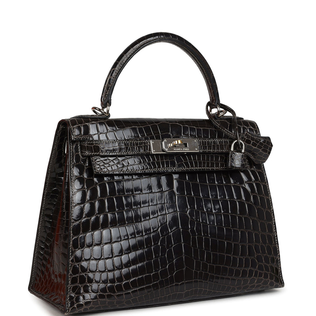 Vintage Hermes Kelly Sellier 28 Gris Fonce Shiny Niloticus Crocodile Palladium Hardware - Image 3
