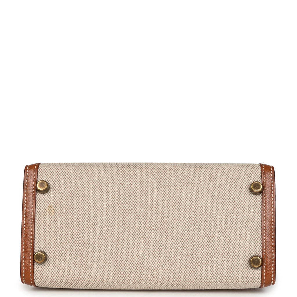 Vintage Hermes Kelly Sellier 20 Gold Courchevel and Ecru-Beige Toile H Canvas Gold Hardware - Image 7