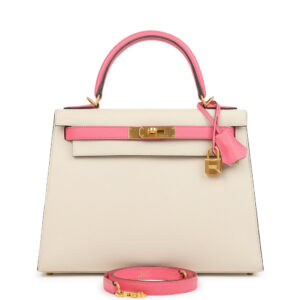 Pre-owned Hermes Special Order (HSS) Kelly Sellier 28 Craie and Rose Azalee Epsom Brushed Gold Hardware
