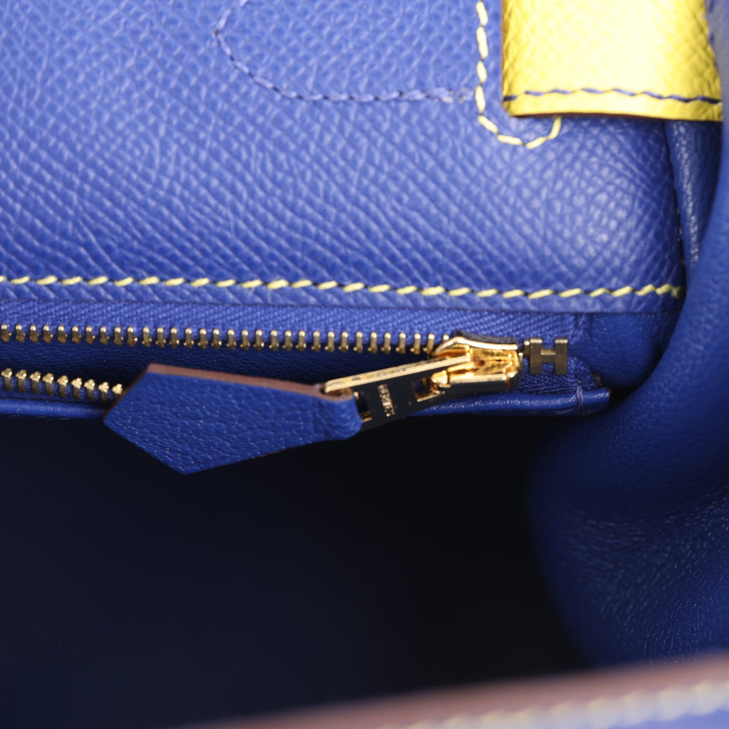Hermes Special Order (HSS) Kelly Sellier 28 Bleu Electric and Lime Epsom Brushed Gold Hardware - Image 9