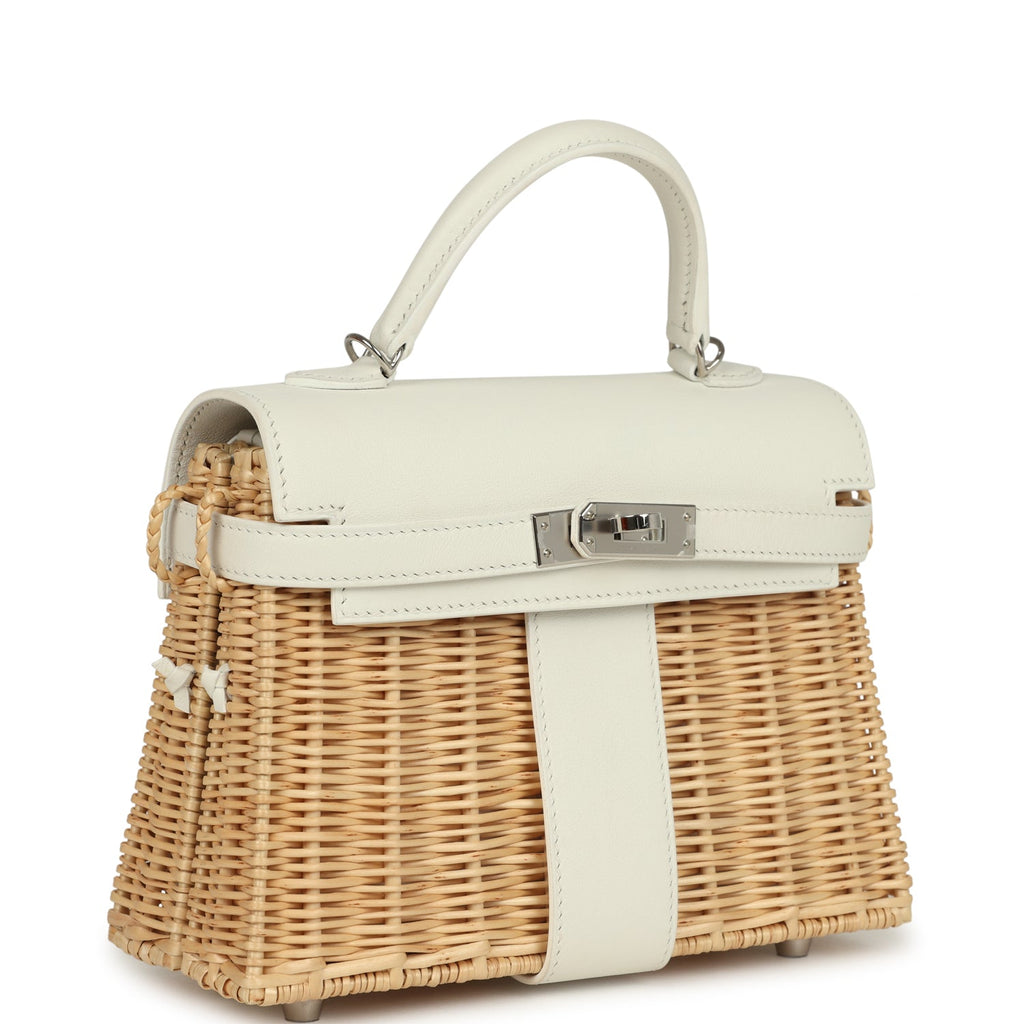 Hermes Mini Picnic Kelly 20 White Swift and Osier Wicker Palladium Hardware - Image 3