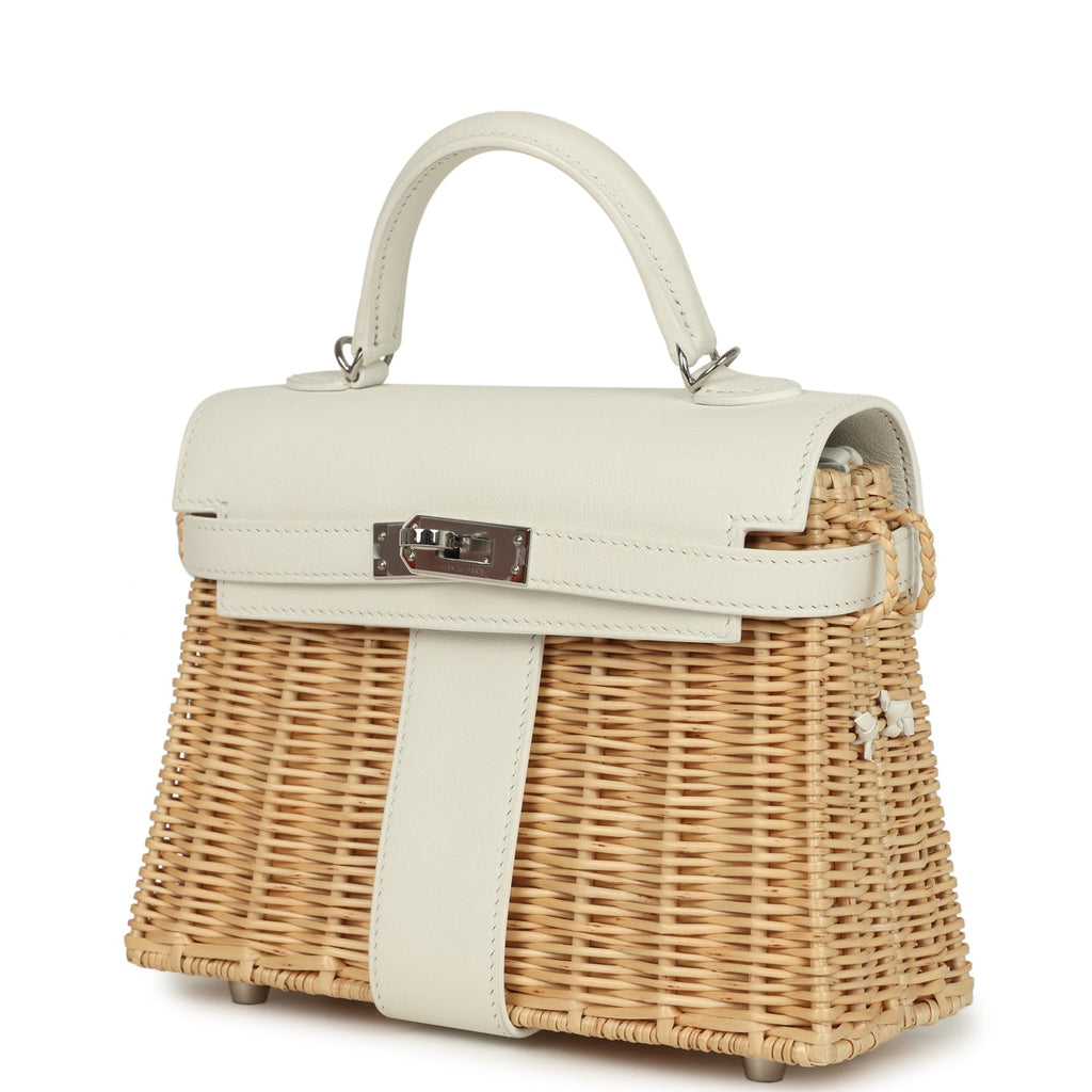 Hermes Mini Picnic Kelly 20 White Swift and Osier Wicker Palladium Hardware - Image 6