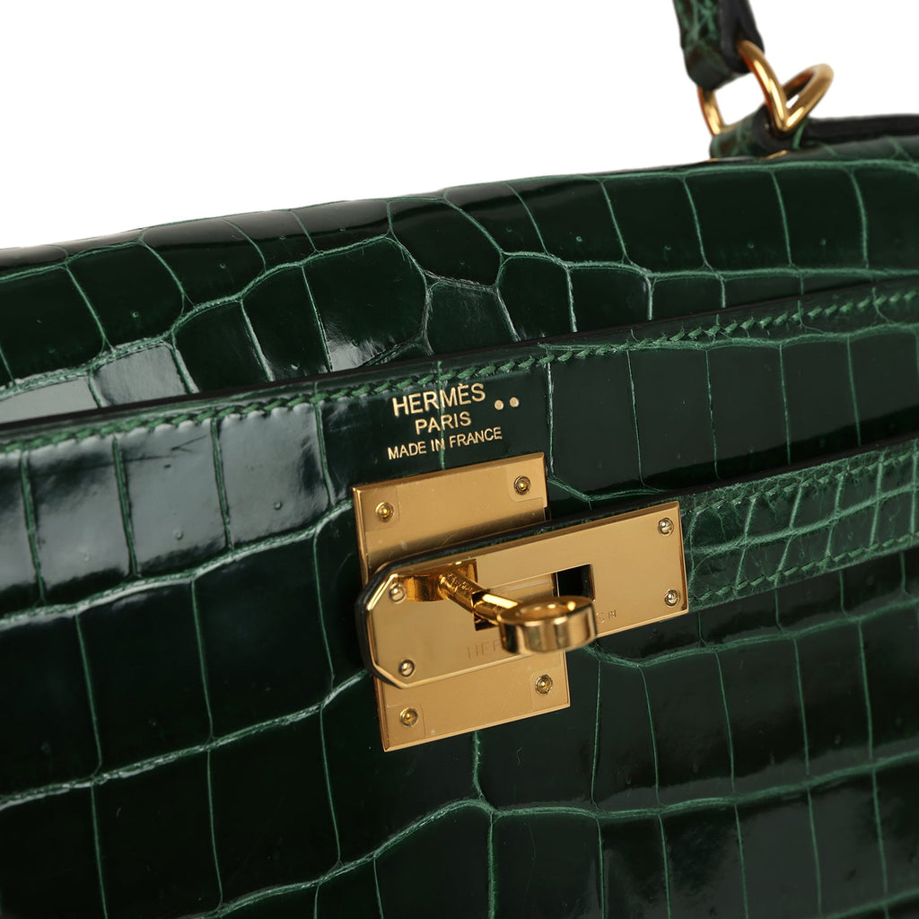 Pre-owned Hermes Kelly Sellier 28 Vert Fonce Shiny Niloticus Crocodile Gold Hardware - Image 8