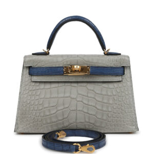 Pre-owned Hermes Special Order (HSS) Kelly Sellier 20 Gris Perle and Bleu de Malte Matte Alligator Gold Hardware