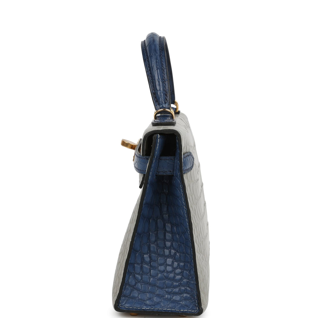 Pre-owned Hermes Special Order (HSS) Kelly Sellier 20 Gris Perle and Bleu de Malte Matte Alligator Gold Hardware - Image 4