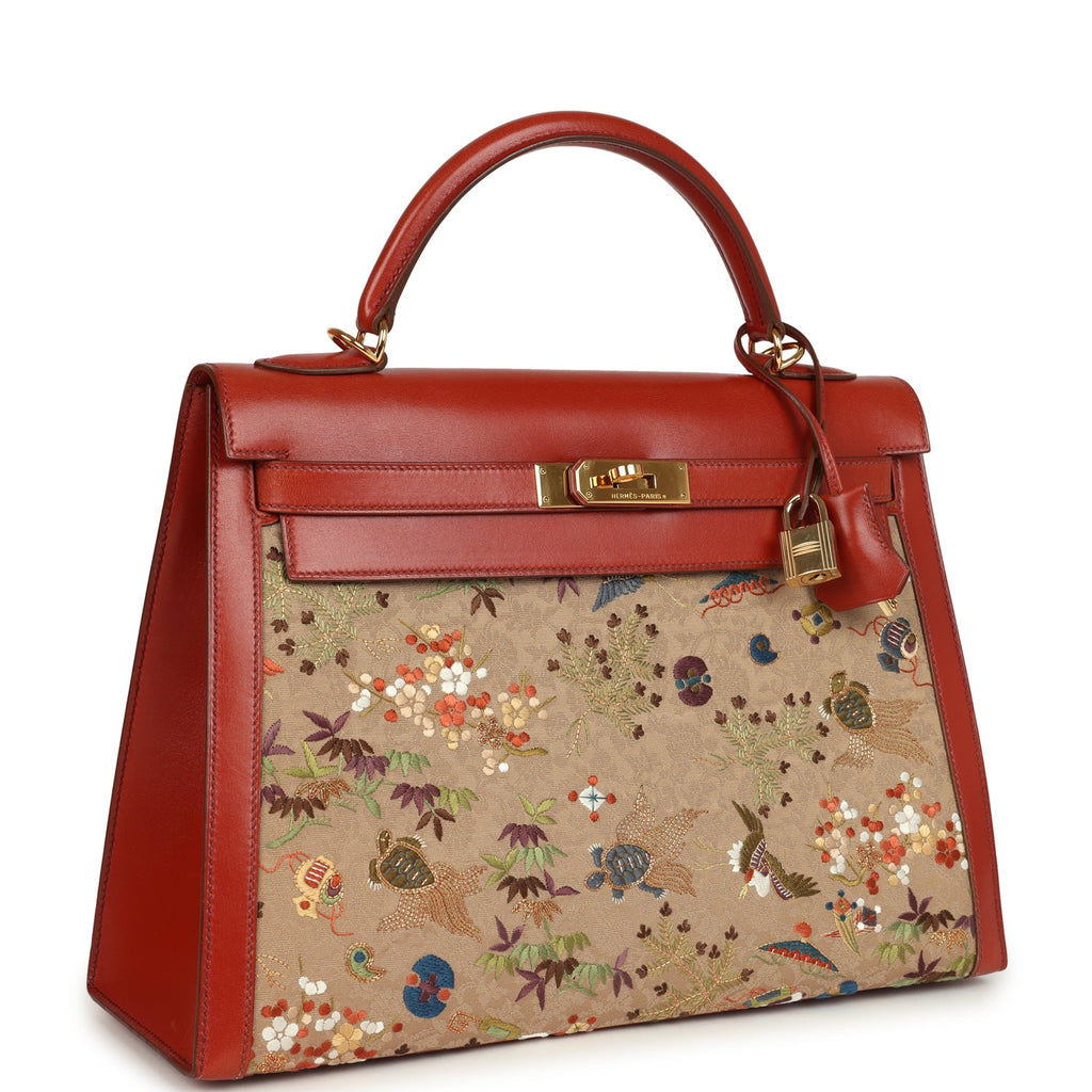 Vintage Hermes "Kimono" Kelly Sellier 32 Brique Box and Embroidered Silk Gold Hardware - Image 3