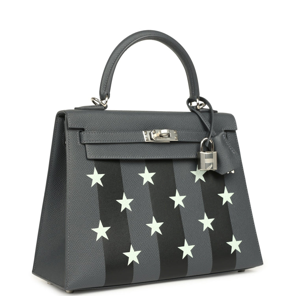 Hermes Kelly Sellier 25 Casaque Etoilee Ardoise Epsom, Black Tadelakt and Vert Peppermint Chevre Mysore Palladium Hardware - Image 3