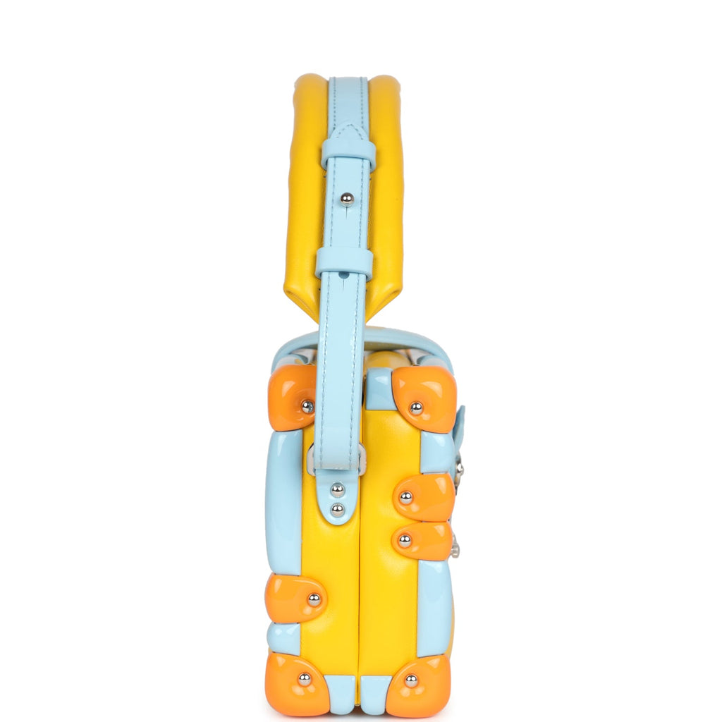 Louis Vuitton Petite Malle Handbag Light Blue & Yellow Glossy Calfskin Silver Hardware - Image 5