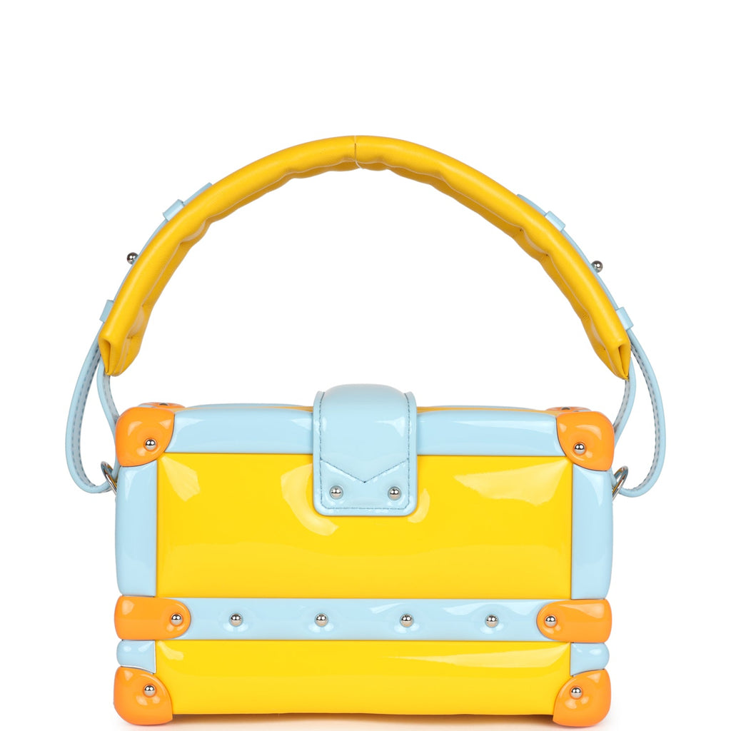 Louis Vuitton Petite Malle Handbag Light Blue & Yellow Glossy Calfskin Silver Hardware - Image 6