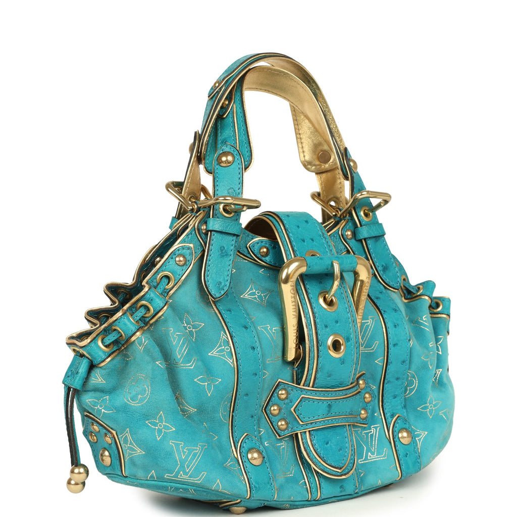 Vintage Louis Vuitton Theda GM Bag Blue and Gold Suede Monogram and Ostrich Gold Hardware - Image 3