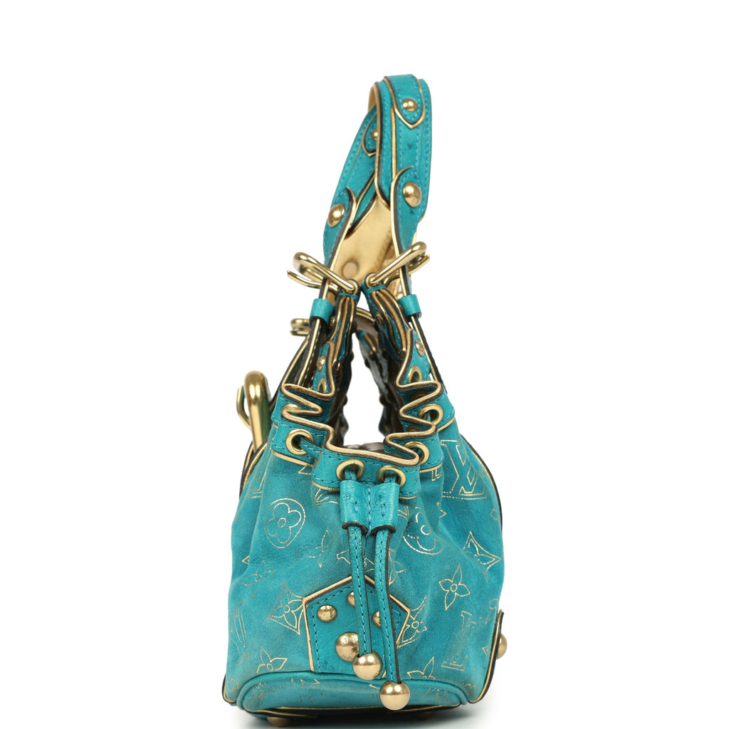 Vintage Louis Vuitton Theda GM Bag Blue and Gold Suede Monogram and Ostrich Gold Hardware - Image 4
