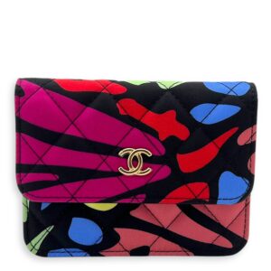 CC Floral Printed Mini Multi-colour Wallet On Chain in Fabric, Gold hardware