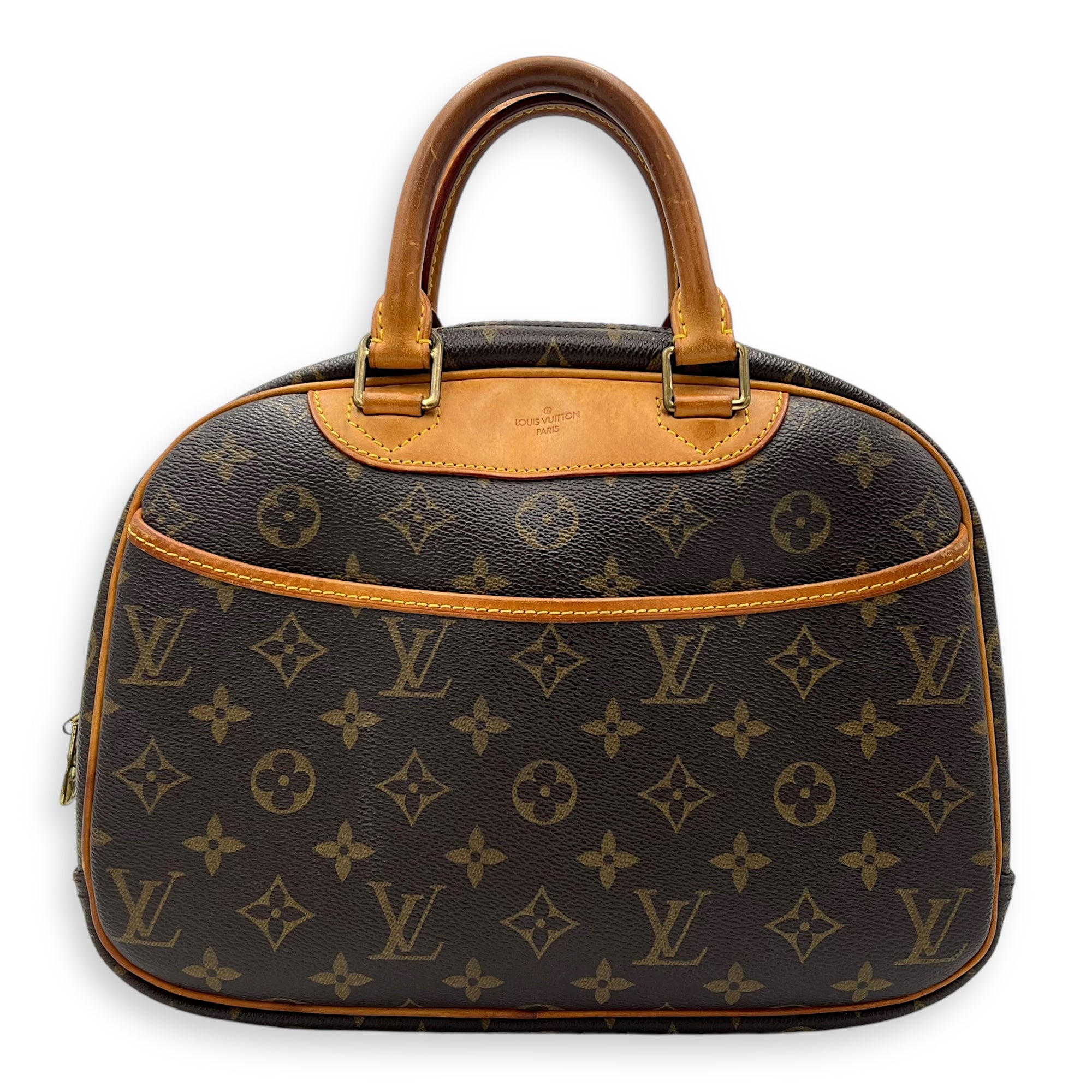 Trouville PM Brown Top Handle Bag in Monogram Coated Canvas, Gold hardware