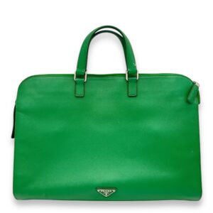 Logo Briefcase Green in Saffiano Leather, Silver hardware