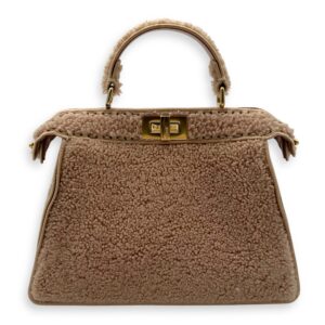 Iseeu Small Beige Top Handle Bag in Shearling, Gold hardware