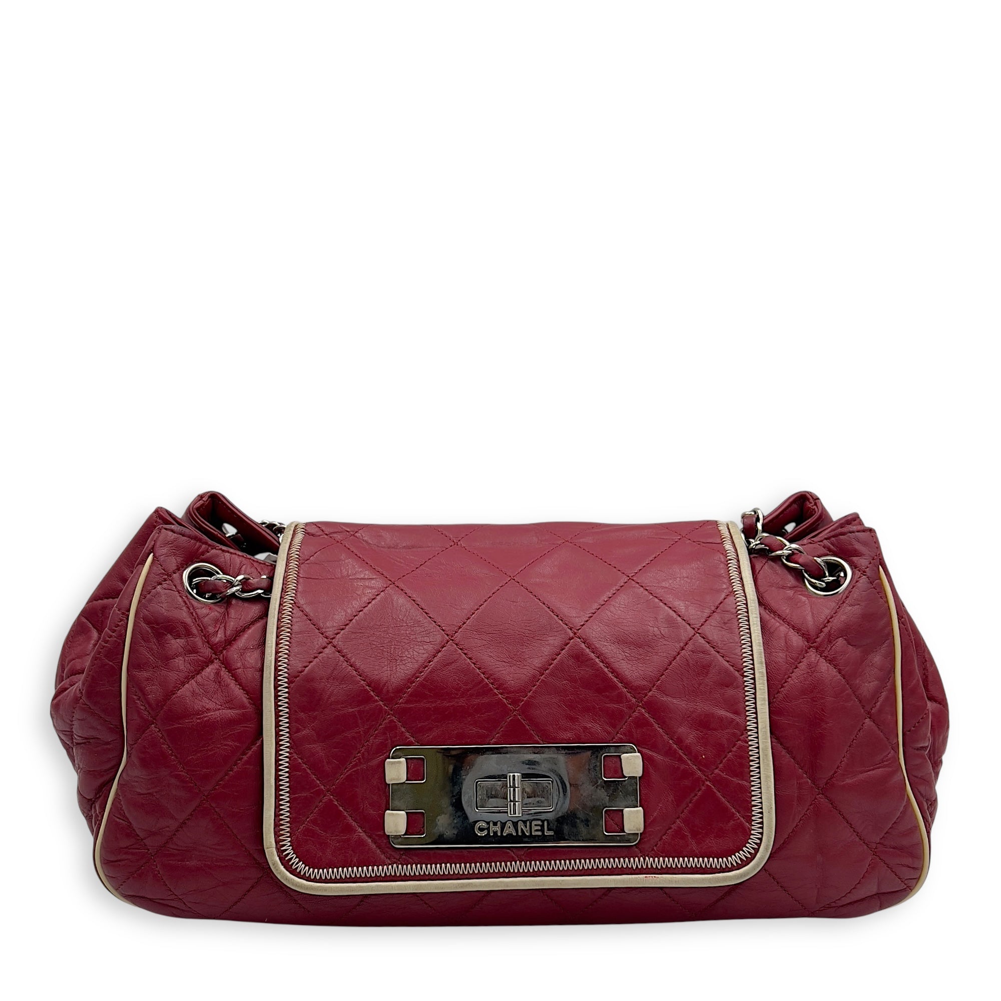 East West Shoulder Bag Red in Calfskin, Silver hardware
