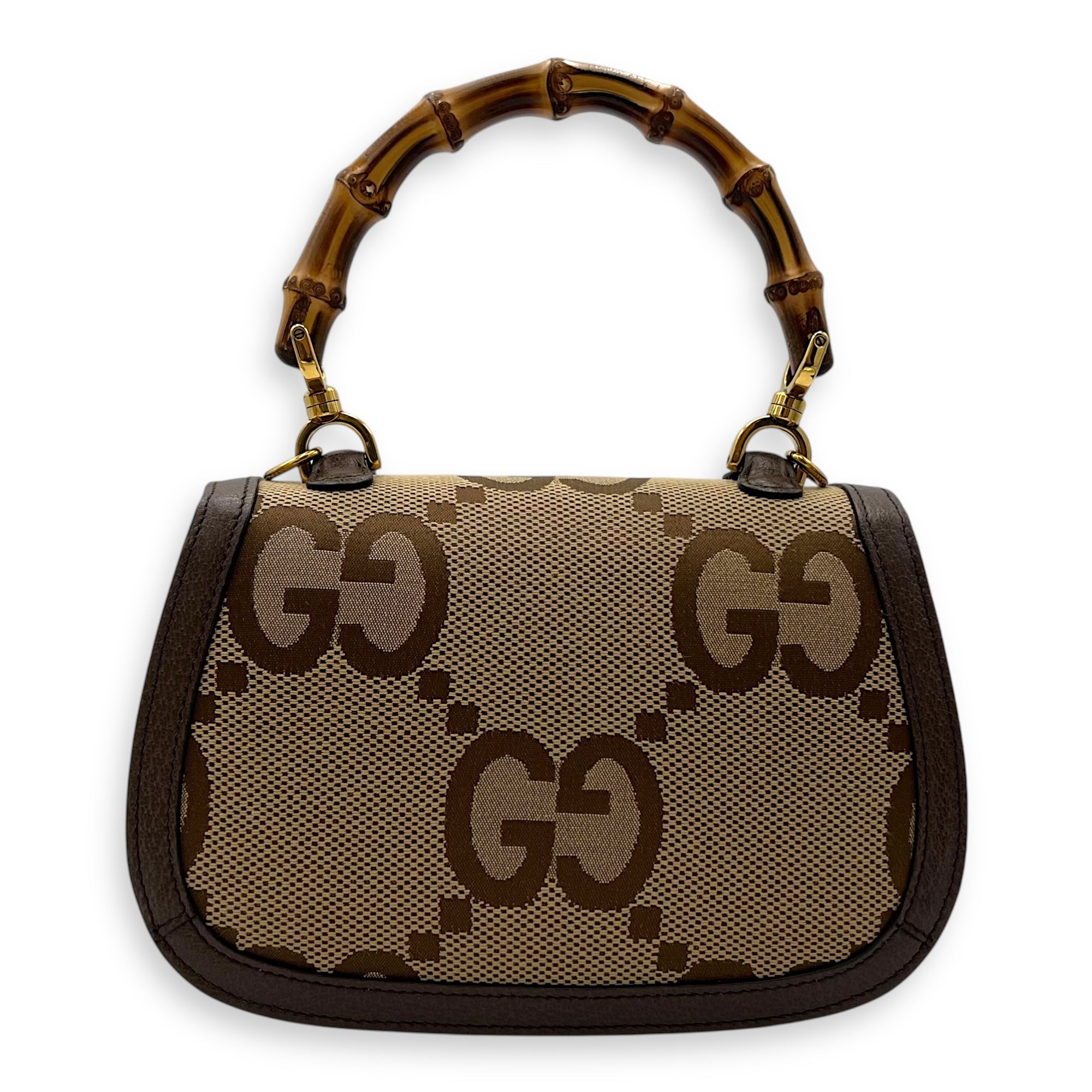 Bamboo Top Handle Bag Brown in Canvas, Gold hardware - Image 3