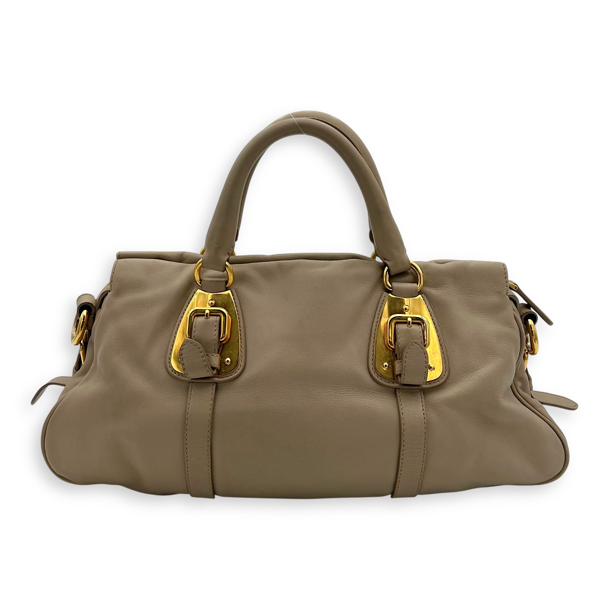 Logo Top Handle Bag Beige in Calfskin, Gold hardware - Image 3