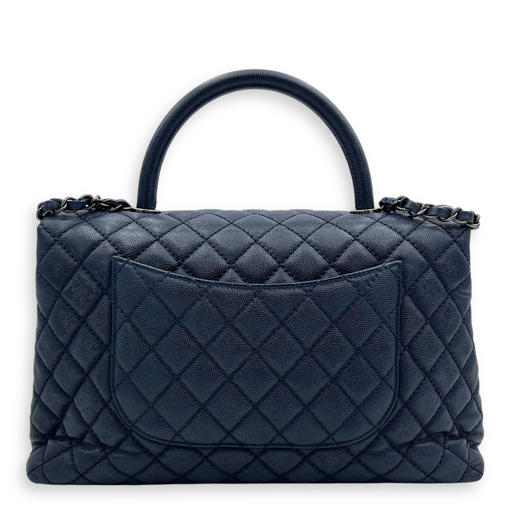 Coco Handle Quilted Top Handle Bag Blue in Caviar Leather, Silver hardware - Image 3