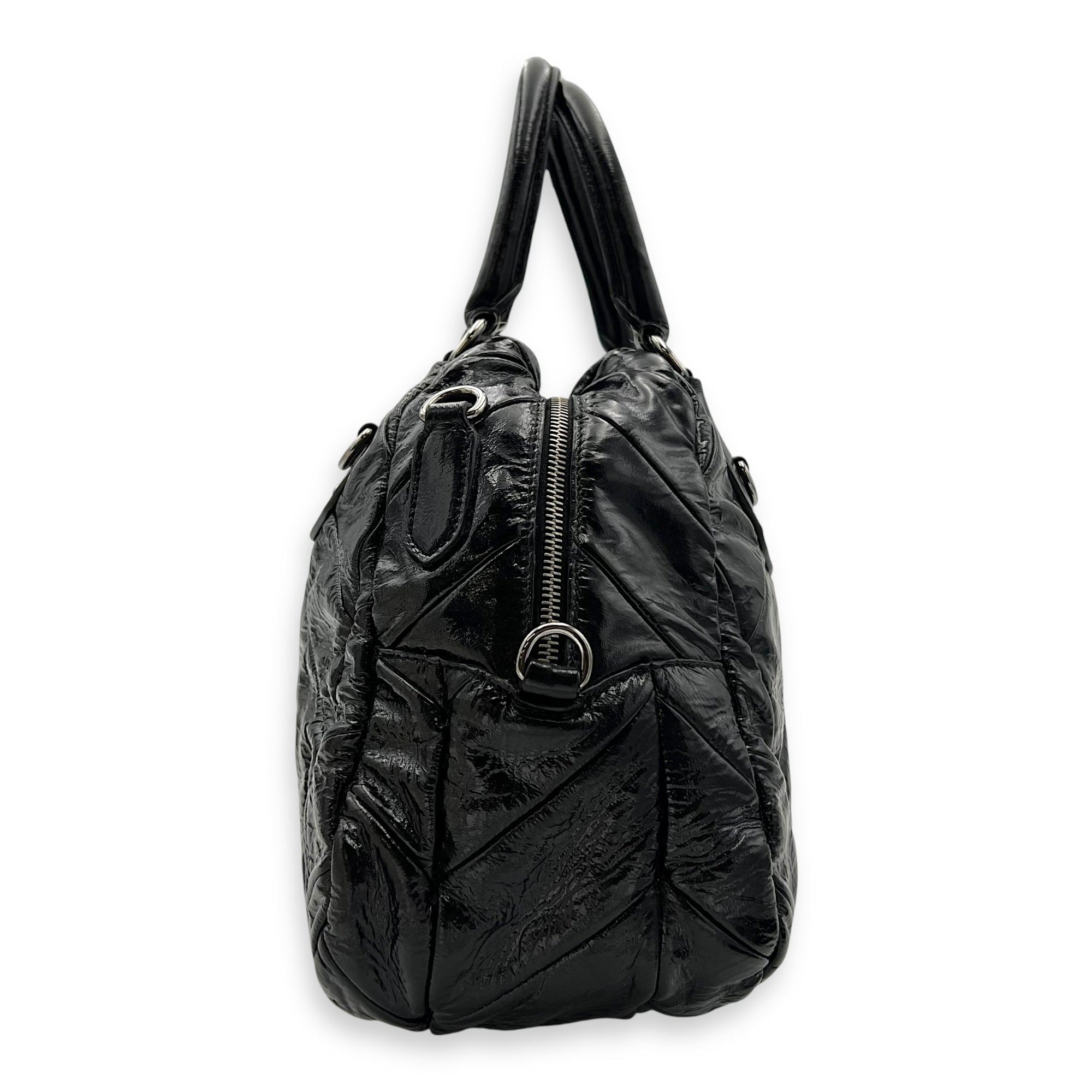 Quilted Top Handle Bag Black in Glazed Calfskin, Silver hardware - Image 4