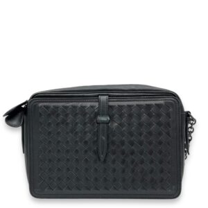 Intrecciato Shoulder Bag Black in Lambskin, Ruthenium hardware