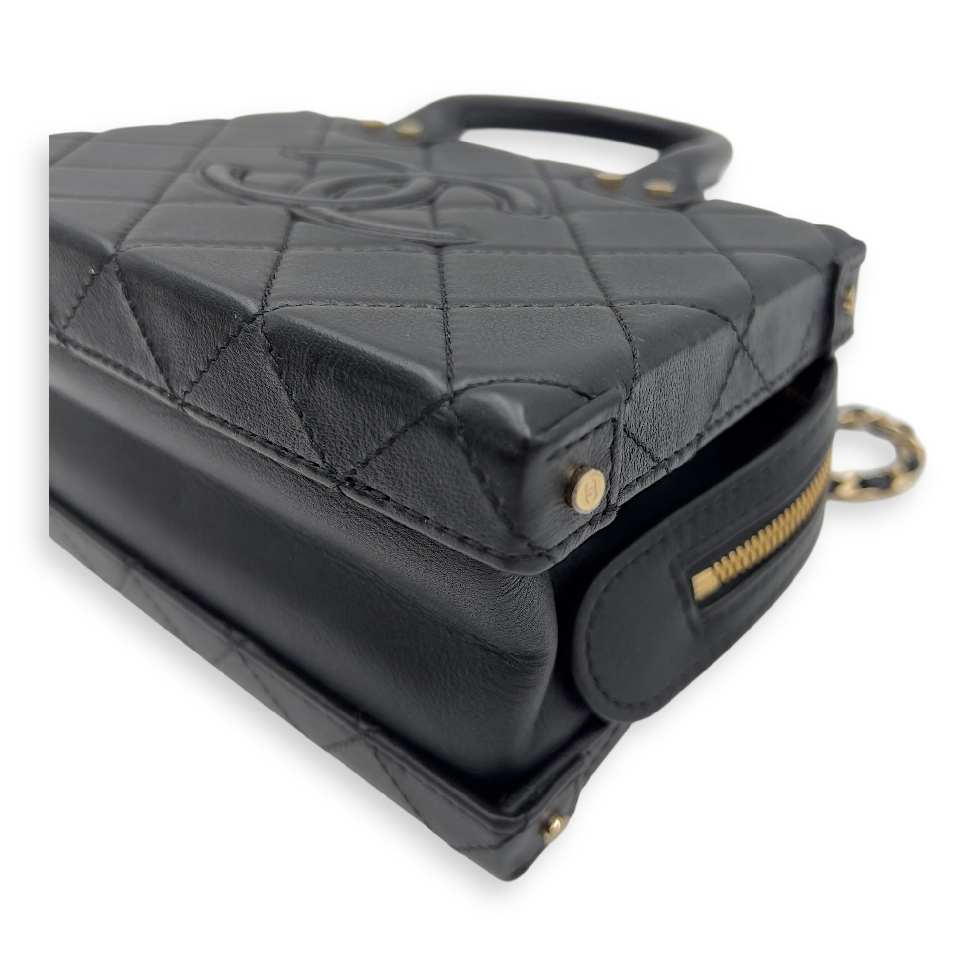 CC Black Top Handle Bag in Calfskin, Gold hardware - Image 7