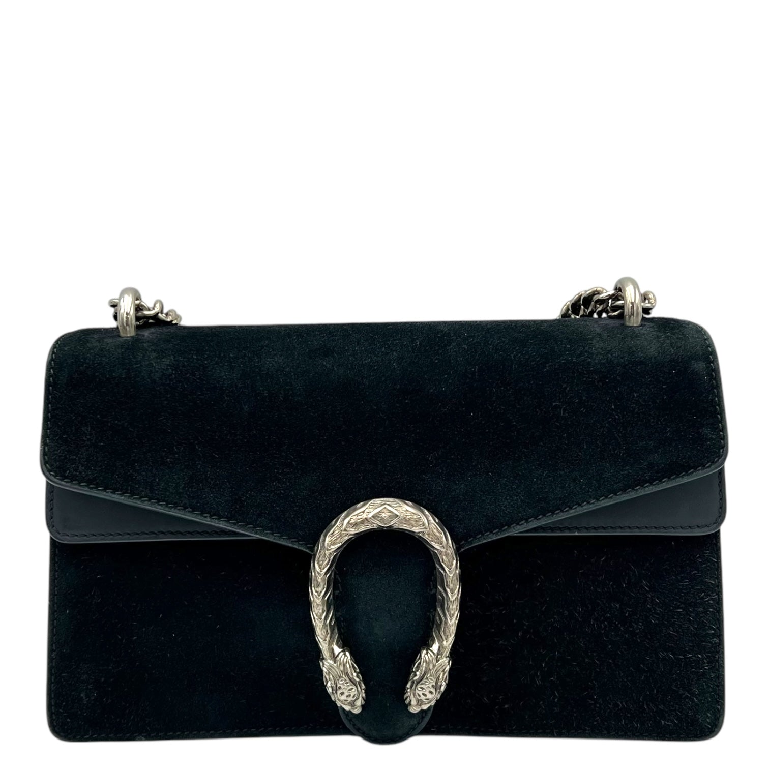 Dionysus Shoulder Bag Small Black in Suede Leather, Silver hardware