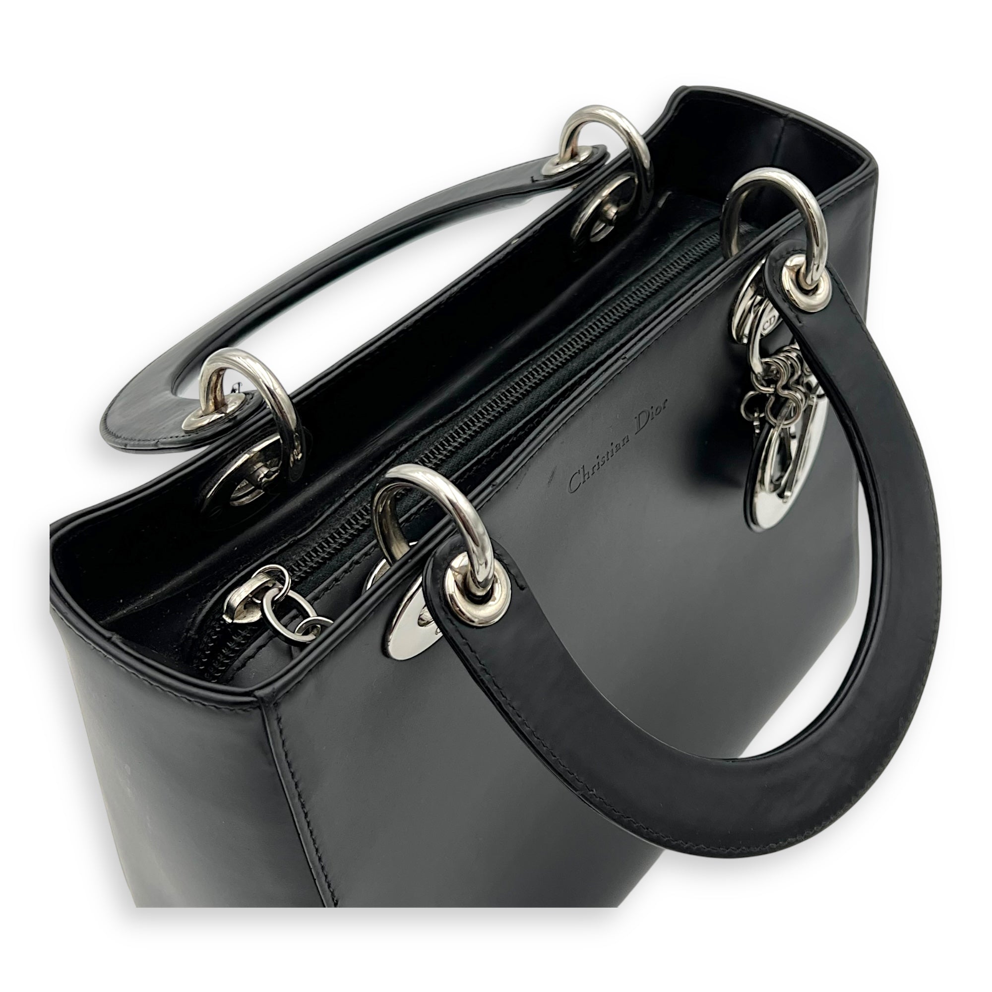 Lady Dior Medium Black Top Handle Bag in Calfskin, Silver hardware - Image 11
