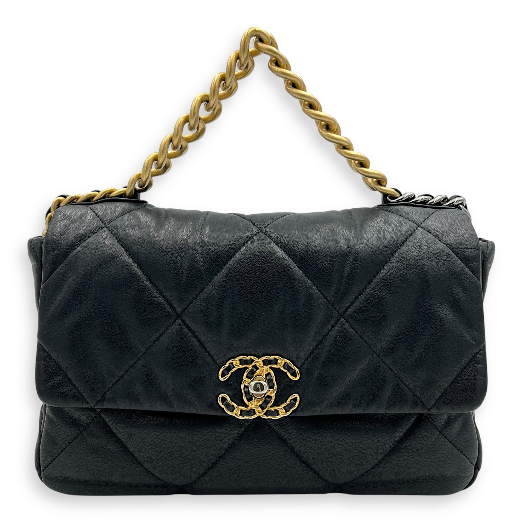 C19 Large Black Shoulder Bag in Goat Leather, Mixed hardware