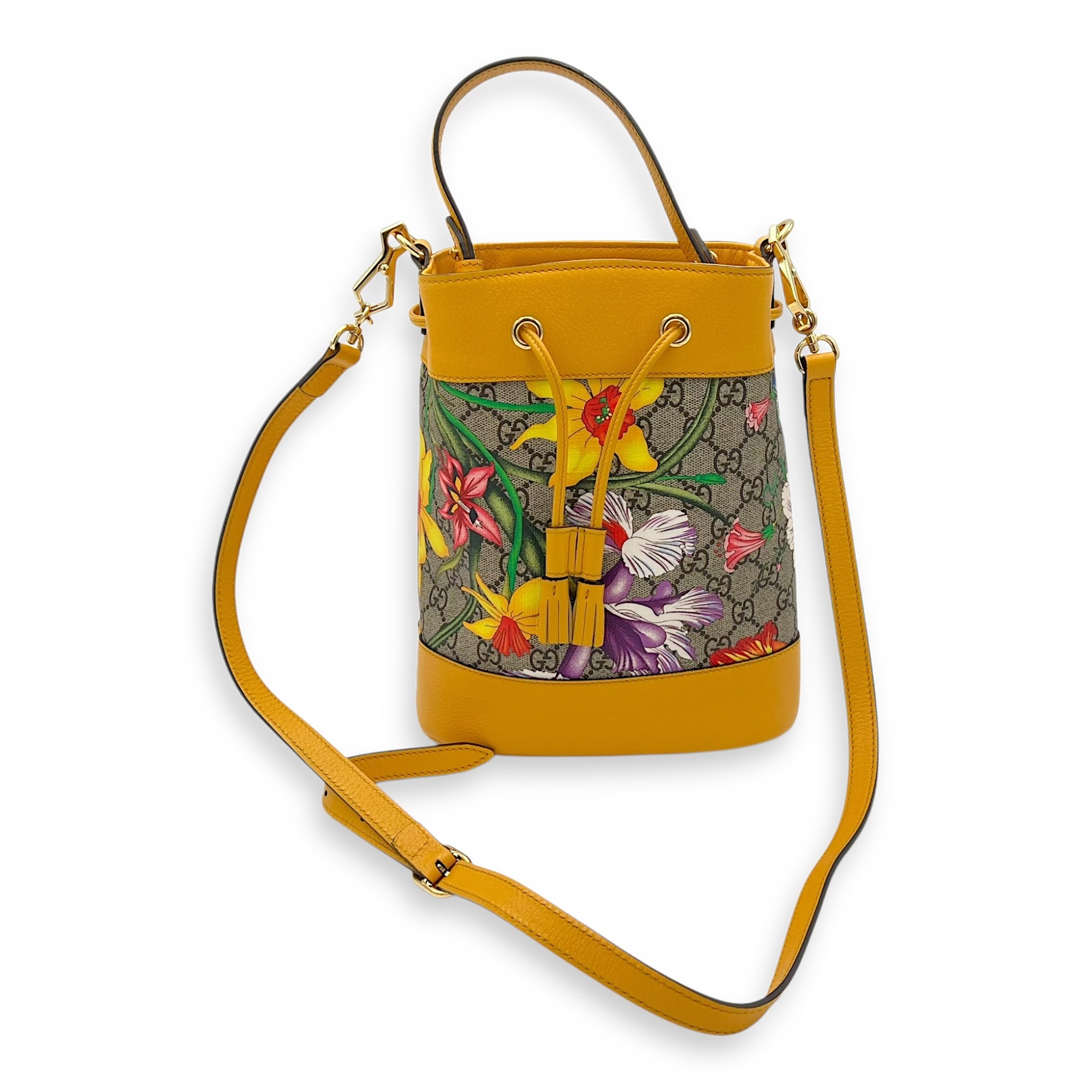 Ophidia Bucket Bag Yellow in Coated Canvas, Gold hardware - Image 14