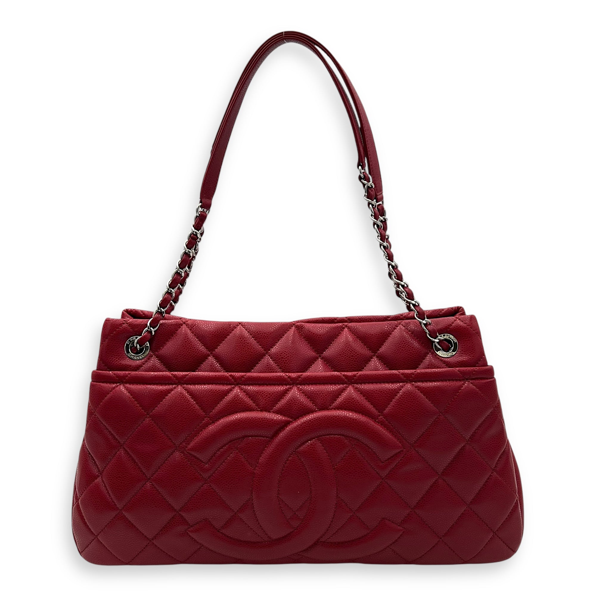 CC Shoulder Bag Red in Caviar Leather, Silver hardware