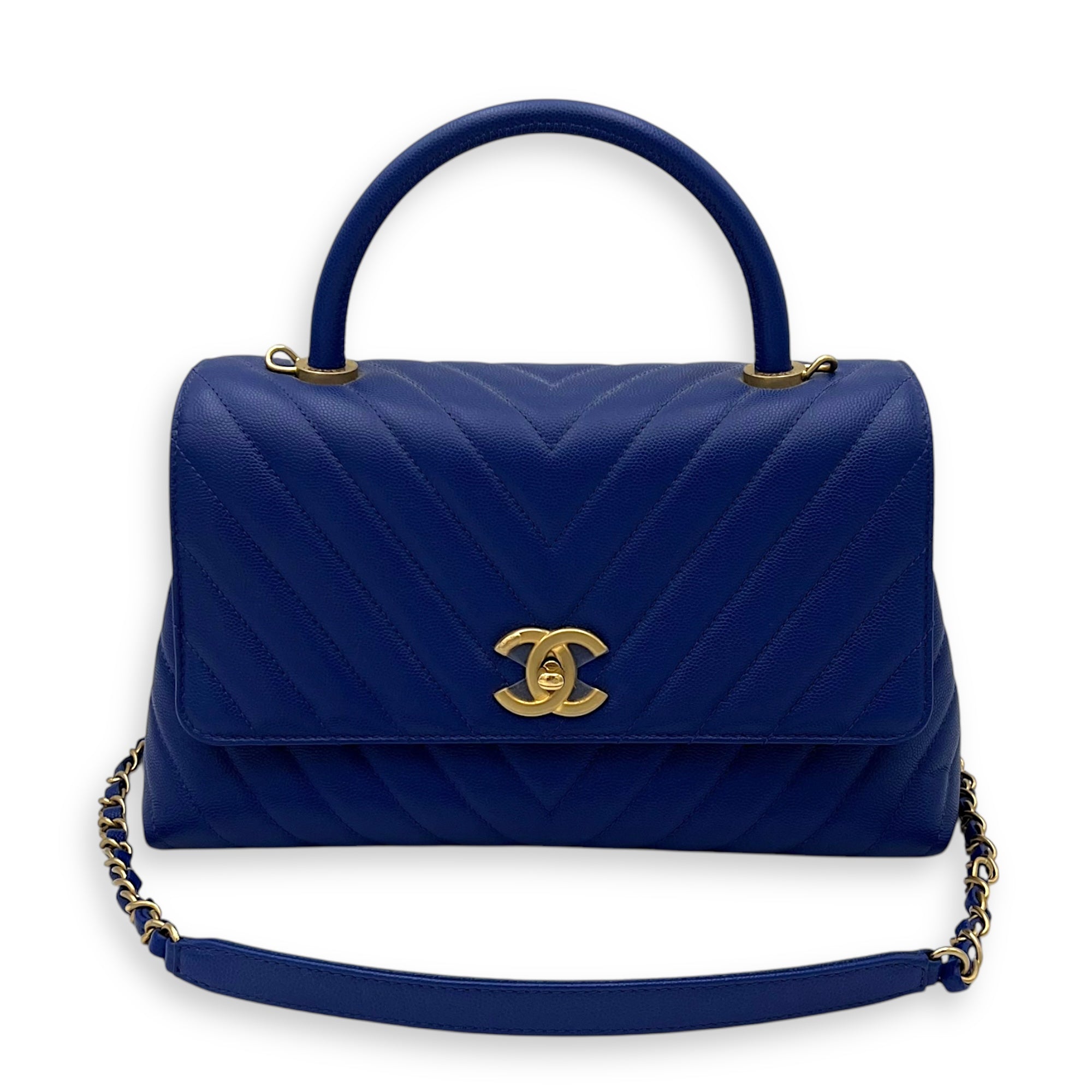 Coco Medium Blue Top Handle Bag in Caviar Leather, Gold hardware - Image 10