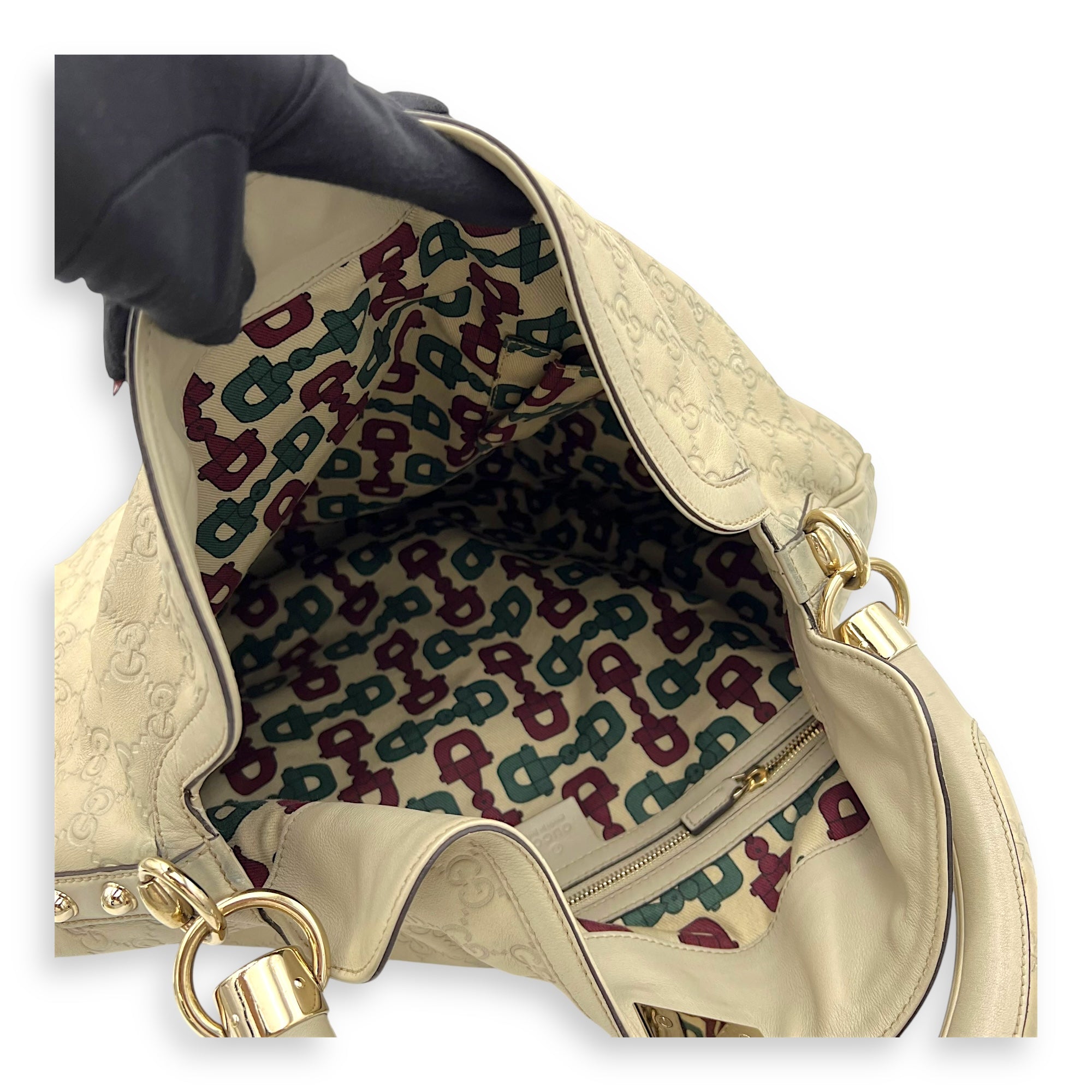 Babouska Indy White Top Handle Bag in Guccissima Leather, Gold hardware - Image 15