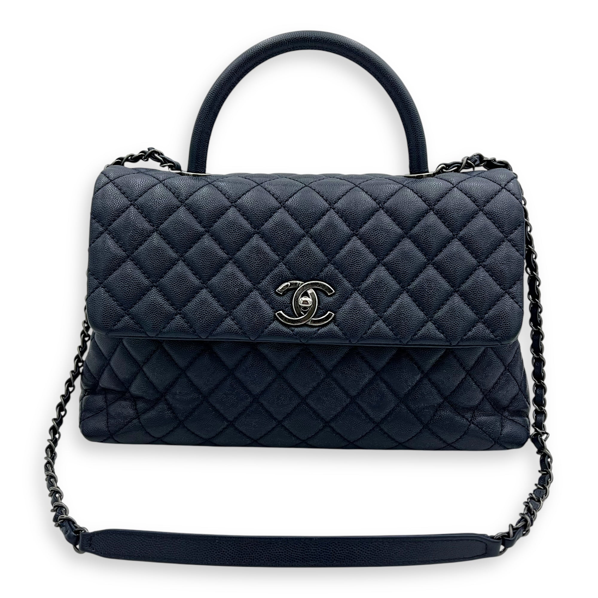 Coco Handle Quilted Top Handle Bag Blue in Caviar Leather, Silver hardware - Image 17