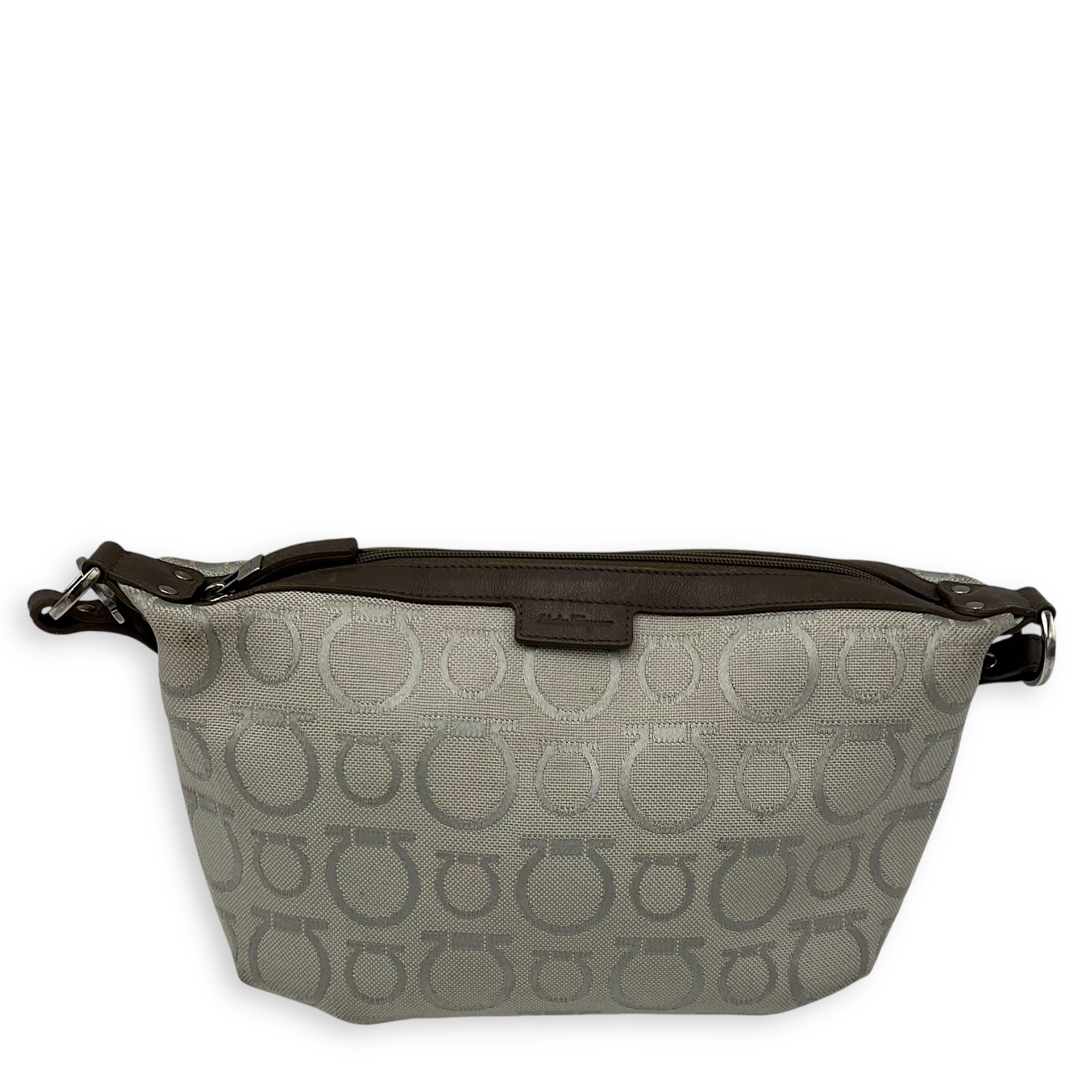 Gancini White Shoulder Bag in Canvas, Silver hardware
