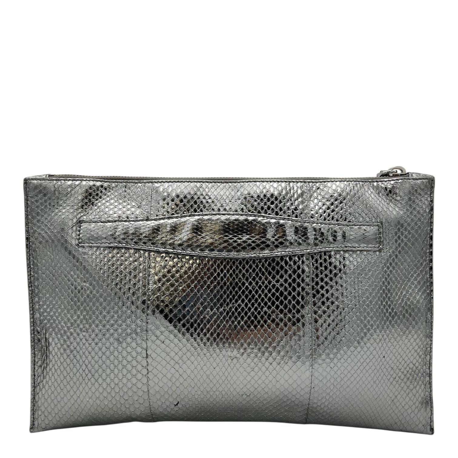 Push Lock Clip Silver Clutch in Python Embossed Calfskin, Silver hardware