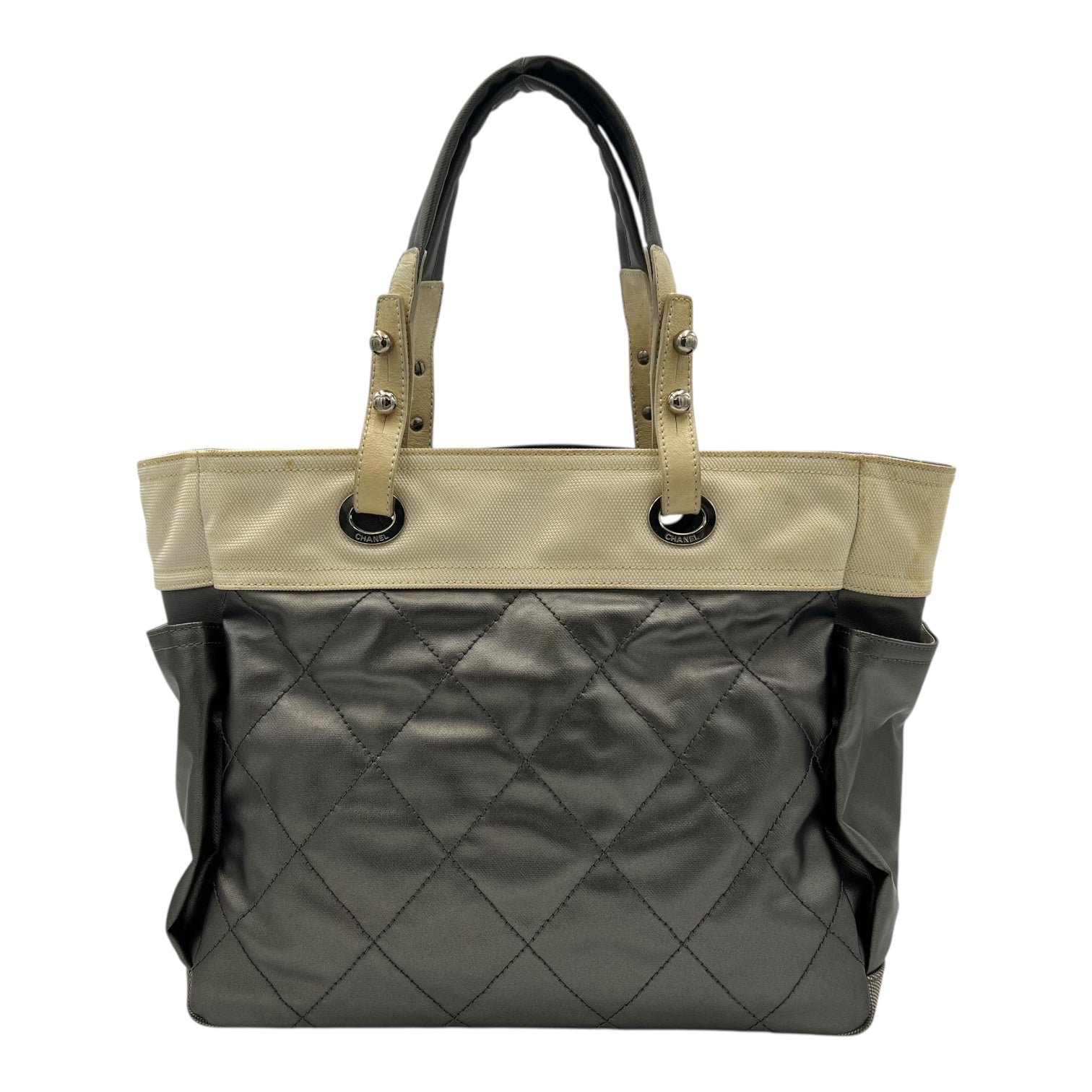 Paris Biarritz Large Grey Tote Bag in Coated Canvas, Silver hardware - Image 3