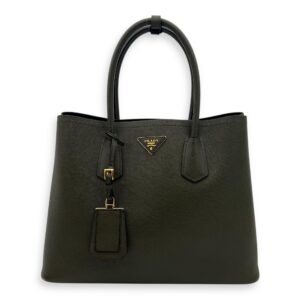Double Top Handle Bag Green in Saffiano Leather, Gold hardware