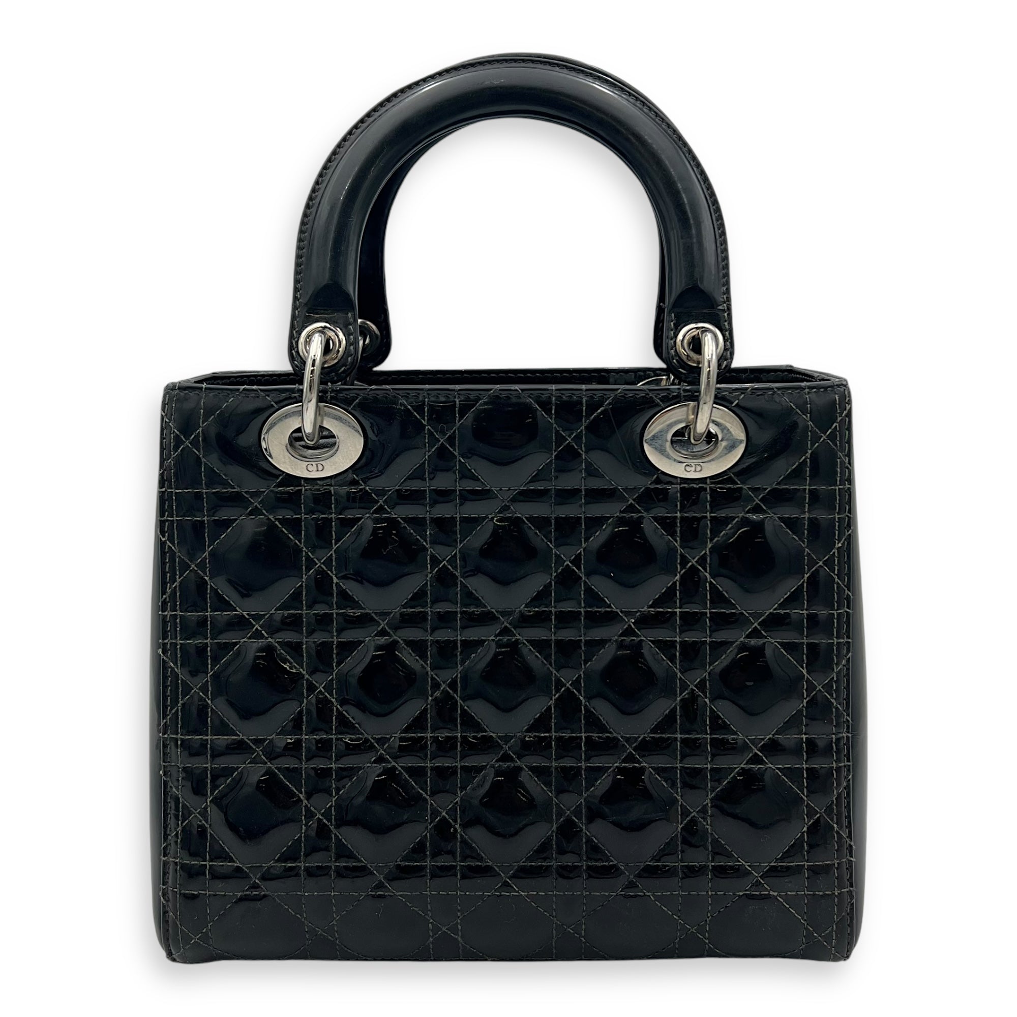 Lady Dior Top Handle Bag Medium Black in Patent Leather, Silver hardware - Image 3