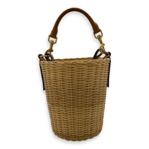 Wicker Bucket Brown Top Handle Bag in Rattan, Gold hardware