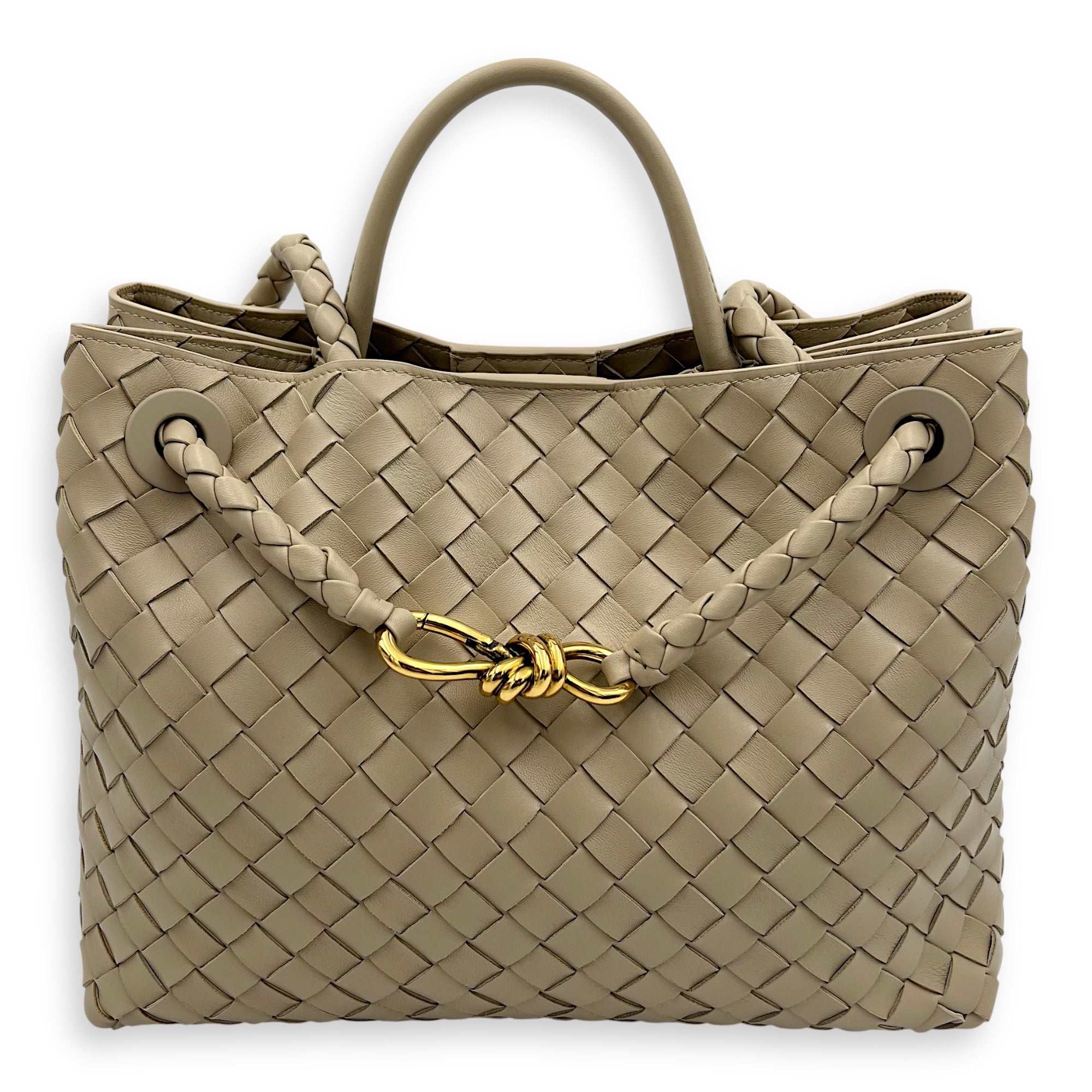 Andiamo Medium Beige Top Handle Bag in Calfskin, Gold hardware