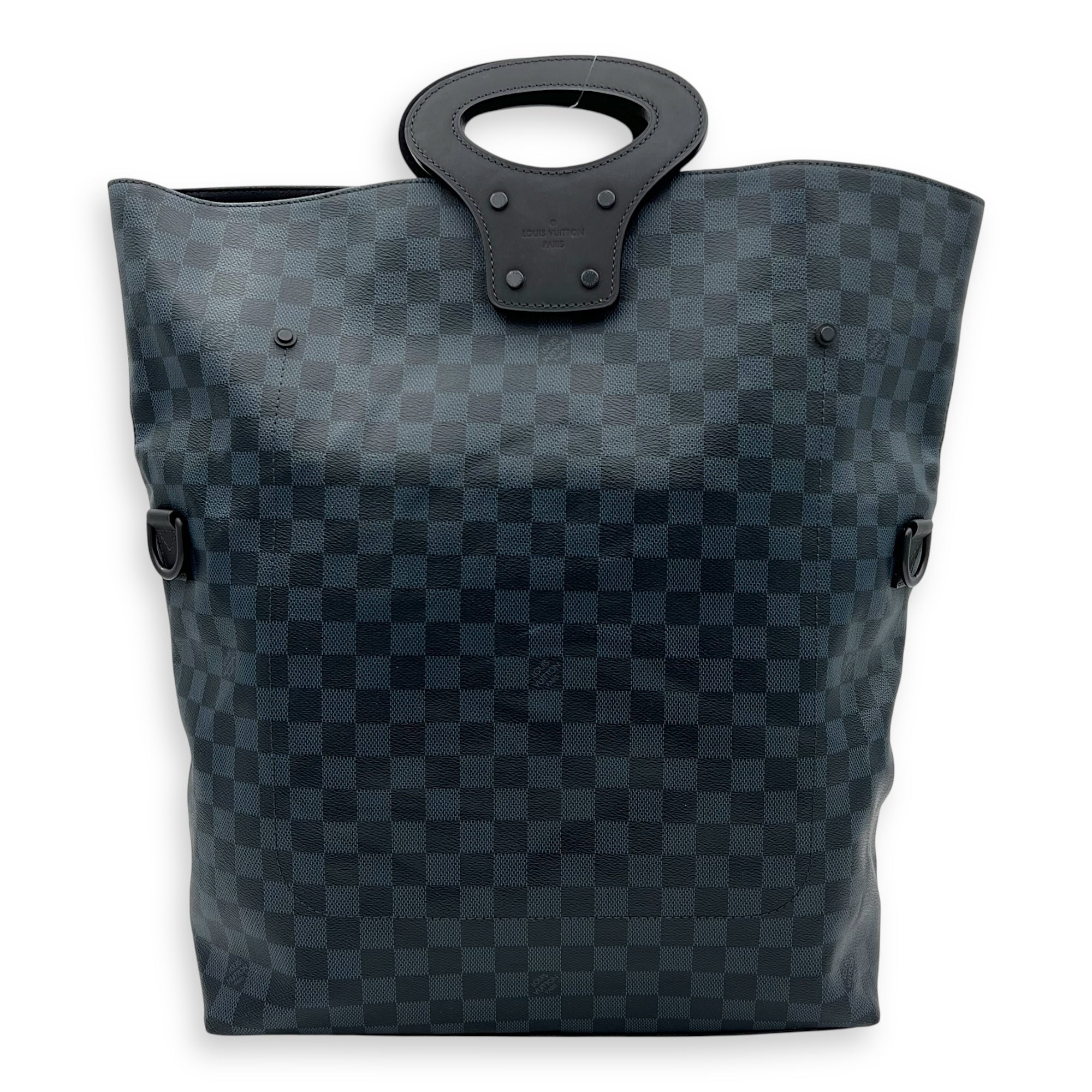 North South Tote Damier Top Handle Bag Blue in Coated Canvas, black hardware
