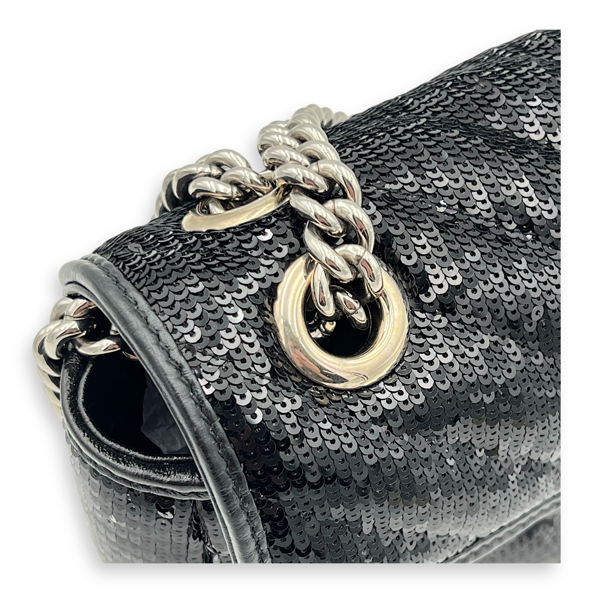 GG Marmont Shoulder Bag Black in Sequins, Silver hardware - Image 8