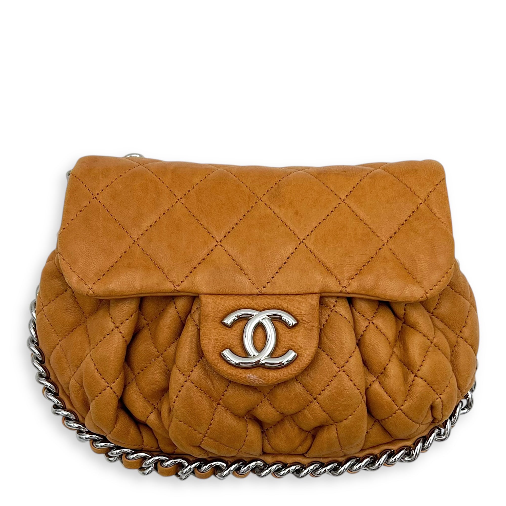 Chain Around Shoulder Bag Brown in Calfskin, Silver hardware